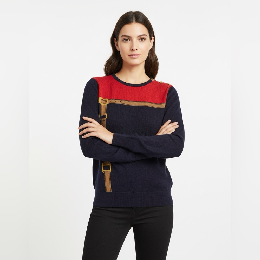 Vintage Lauren Ralph Lauren Women's Equestrian blue & red cotton sweater. Size M